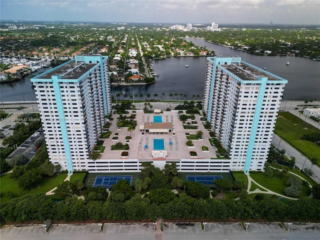 bird's eye view with a water view