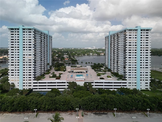 exterior space with a water view