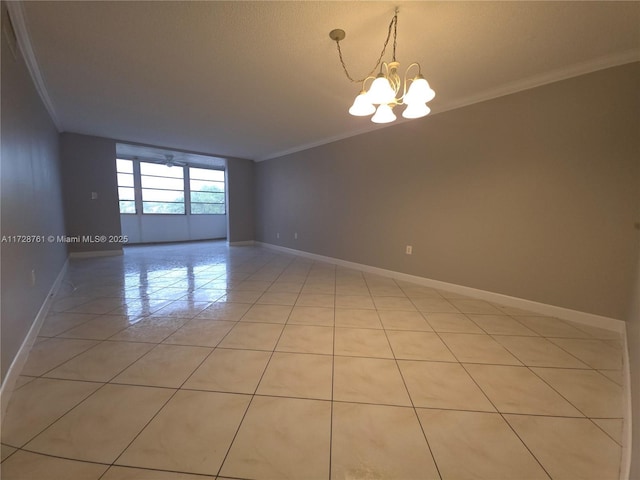 2840 Somerset Dr Unit 318M, Lauderdale Lakes, FL 33311 - empty room with light tile patterned flooring, ornamental molding, baseboards, and a chandelier