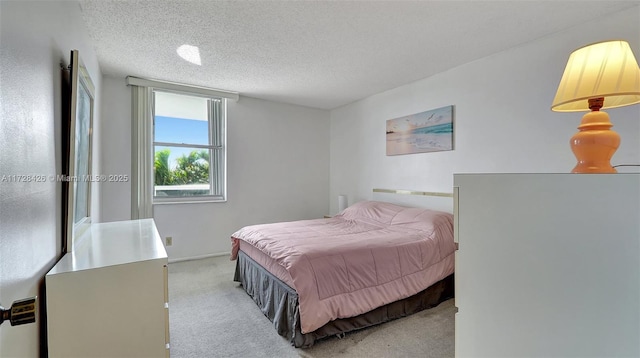 carpeted bedroom with a textured ceiling