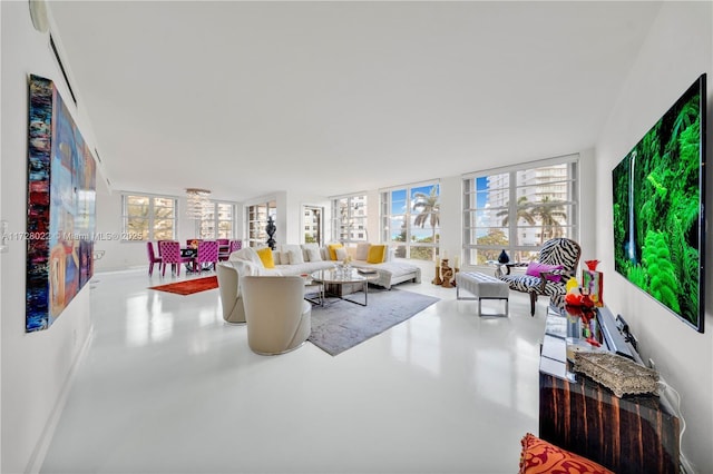 living room with concrete floors