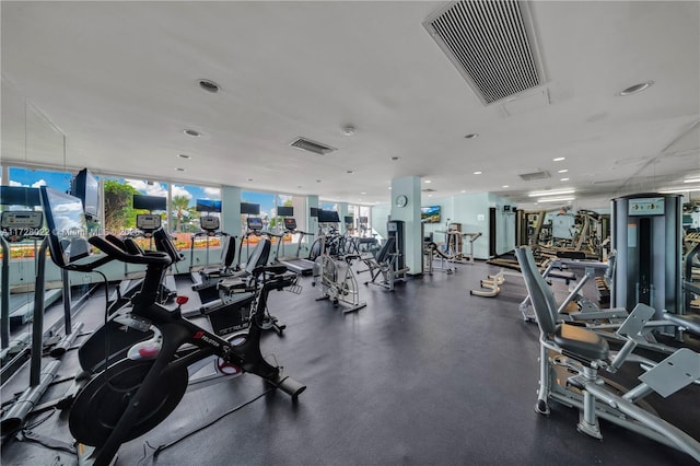 exercise room featuring floor to ceiling windows