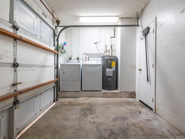 interior space featuring electric water heater, a textured ceiling, and independent washer and dryer