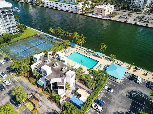 bird's eye view with a water view