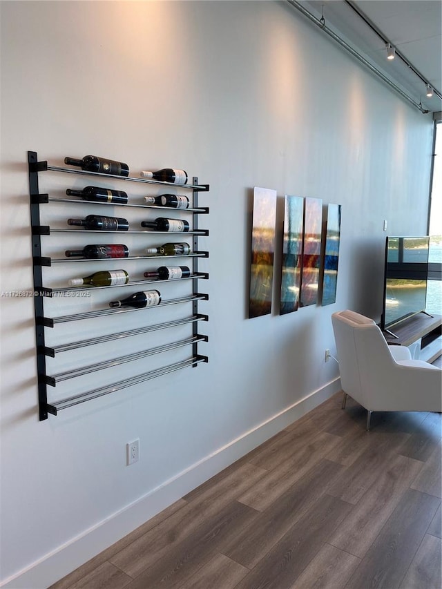 wine cellar featuring rail lighting and dark hardwood / wood-style floors