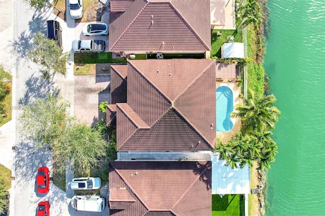 drone / aerial view featuring a water view