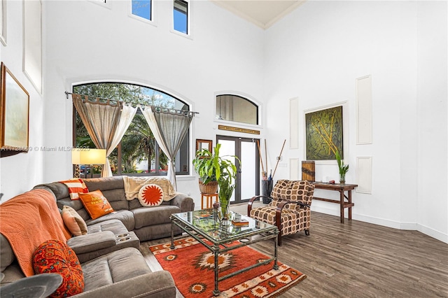 living room with french doors, a towering ceiling, and dark hardwood / wood-style floors