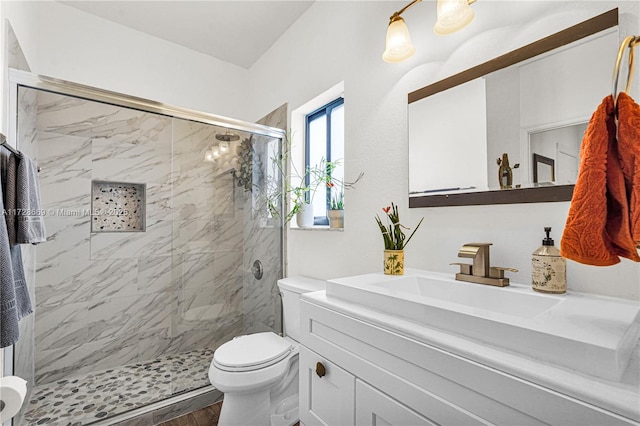 bathroom featuring a shower with shower door, wood-type flooring, toilet, and vanity