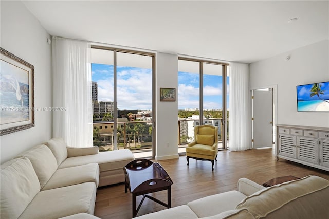 living room with floor to ceiling windows, wood-type flooring, and a baseboard radiator