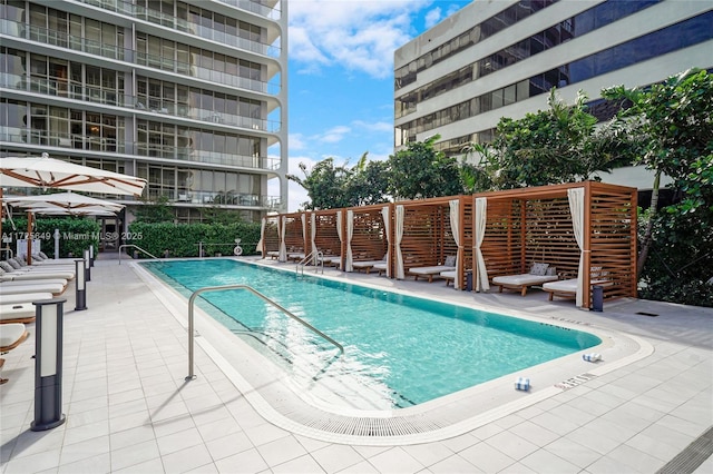 view of swimming pool featuring a patio area