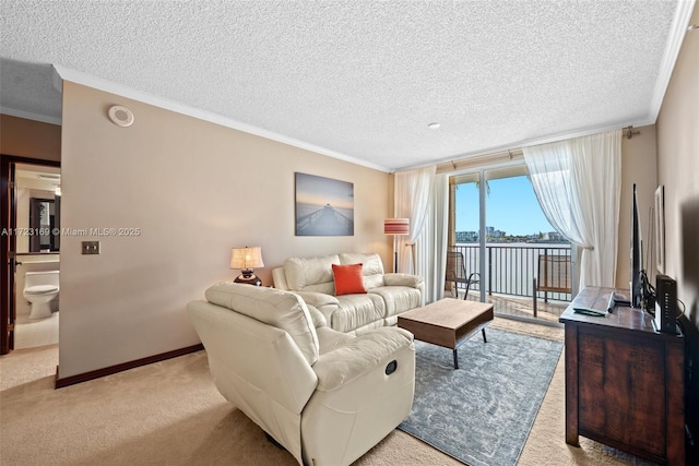 living area with light carpet, crown molding, a textured ceiling, and baseboards