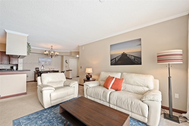 living room featuring a chandelier, ornamental molding, a textured ceiling, and light carpet