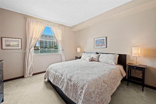 bedroom with light colored carpet, a textured ceiling, and baseboards