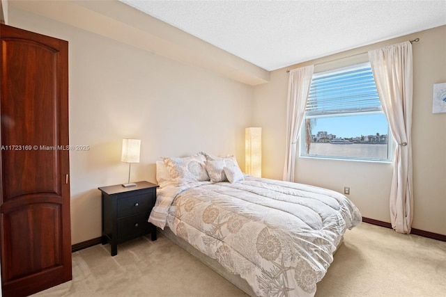 bedroom with baseboards, a textured ceiling, and light colored carpet