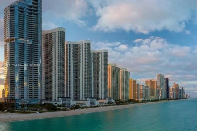 exterior space with a water view and a view of the beach