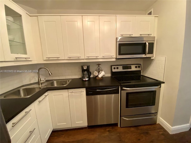 kitchen with white cabinetry, appliances with stainless steel finishes, dark hardwood / wood-style floors, backsplash, and sink