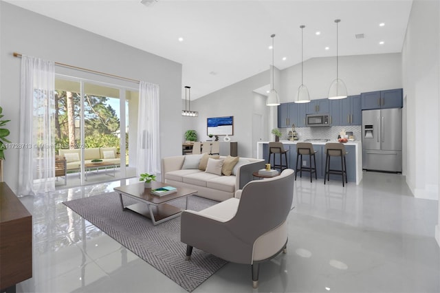 living room featuring high vaulted ceiling