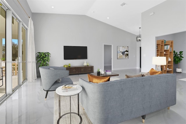 living room featuring lofted ceiling