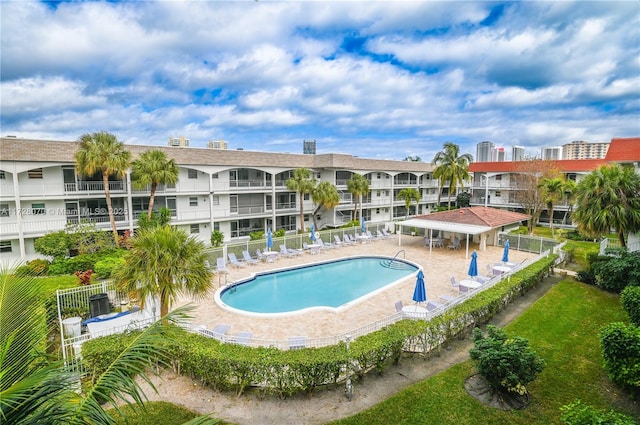 view of swimming pool with a gazebo and a patio