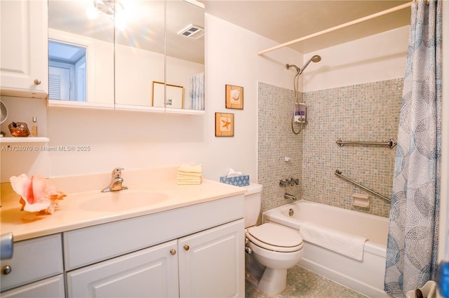 full bathroom featuring toilet, shower / tub combo, and vanity