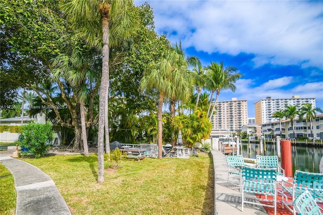 view of home's community with a yard and a water view