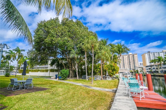 surrounding community featuring a lawn and a water view