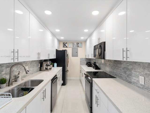 kitchen with decorative backsplash, sink, white cabinets, and black appliances