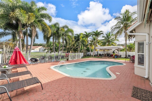 view of pool with a patio area and pool water feature