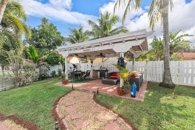 view of yard featuring an outdoor living space, a patio, a pergola, and ceiling fan