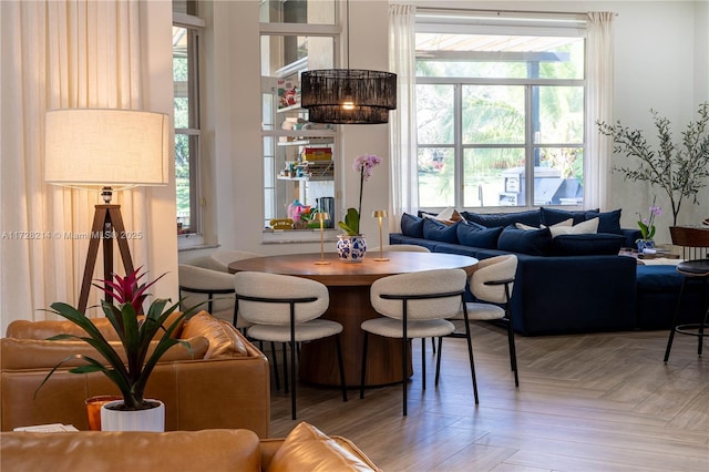 living room featuring parquet floors