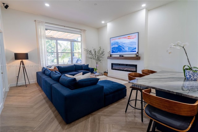 living room featuring light parquet floors