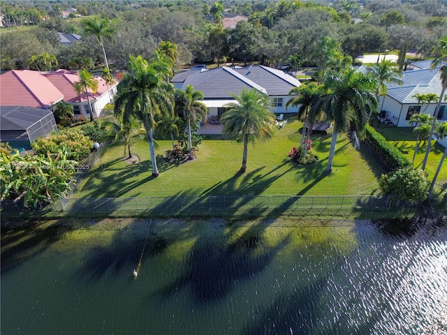 birds eye view of property featuring a water view