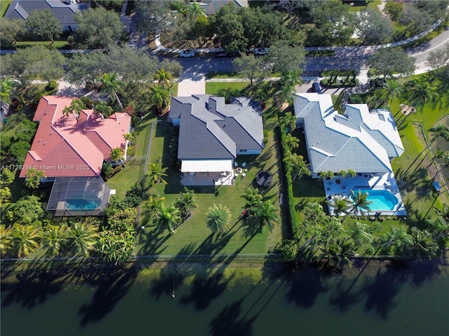 drone / aerial view with a water view