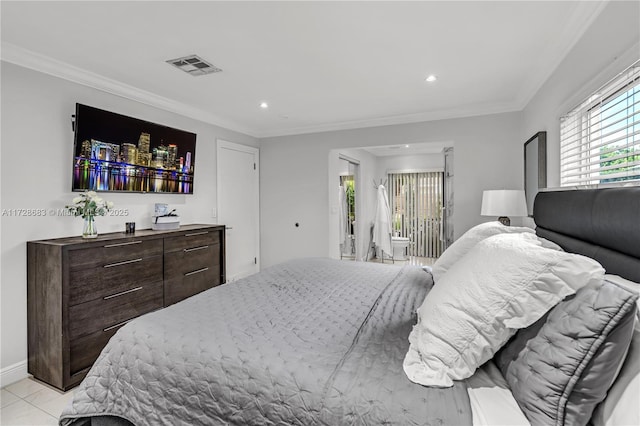 tiled bedroom with crown molding