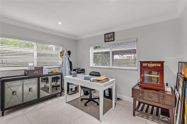 office area featuring light tile patterned flooring and crown molding