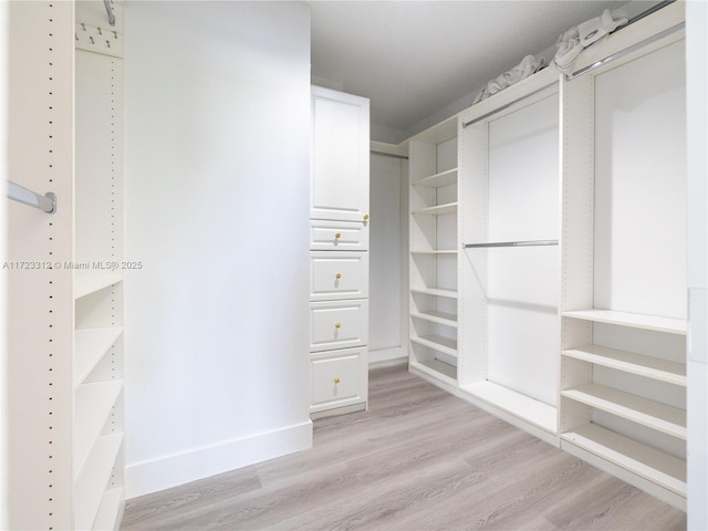 walk in closet with light hardwood / wood-style floors