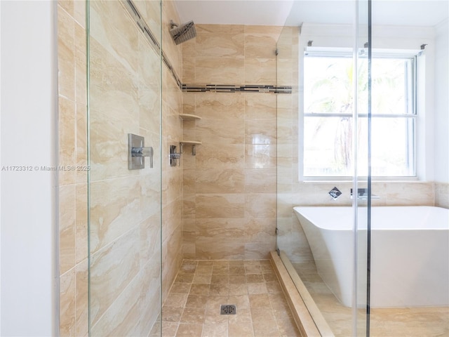 bathroom featuring plenty of natural light and independent shower and bath