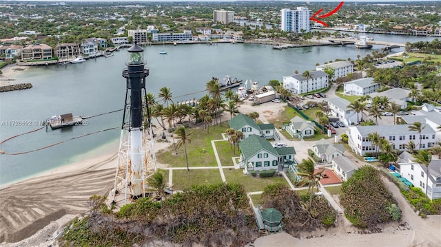 drone / aerial view with a water view