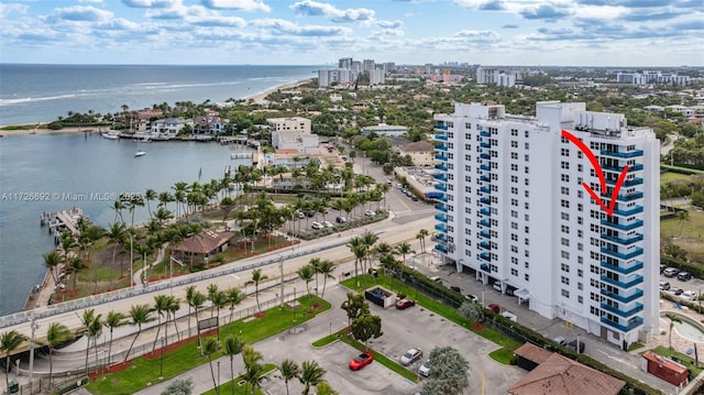 bird's eye view with a water view