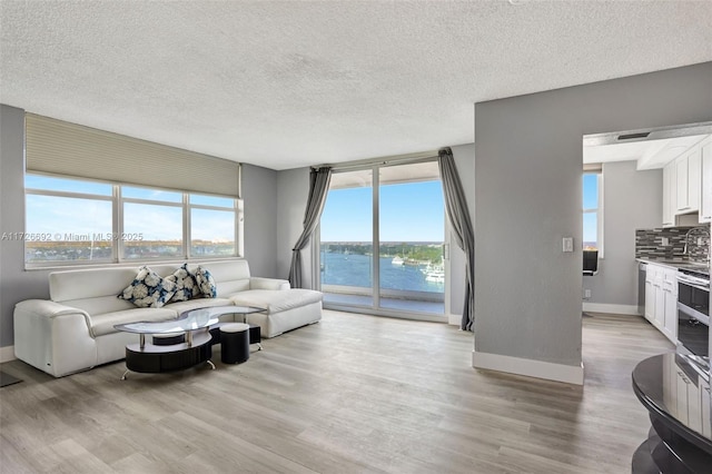 living room featuring a water view, a healthy amount of sunlight, light wood-type flooring, and a textured ceiling