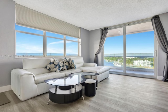 living room featuring a textured ceiling, light hardwood / wood-style floors, a water view, and plenty of natural light