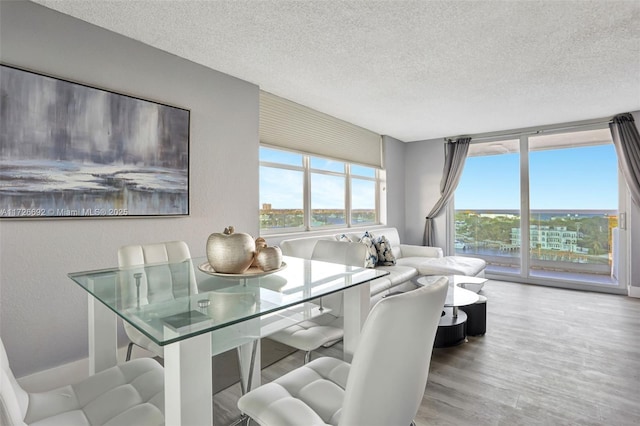 dining area featuring a textured ceiling, a wealth of natural light, and hardwood / wood-style flooring