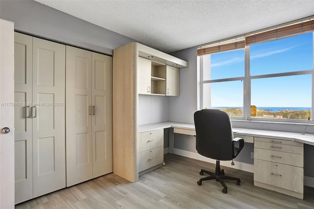 office space featuring light hardwood / wood-style floors, a textured ceiling, and built in desk