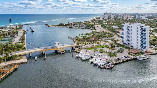 bird's eye view with a water view