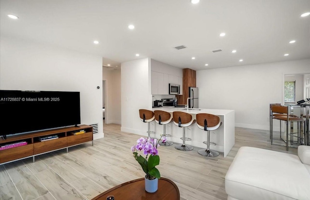 living room featuring light hardwood / wood-style floors and sink