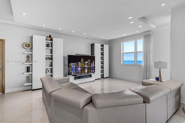 living room with light tile patterned floors and crown molding