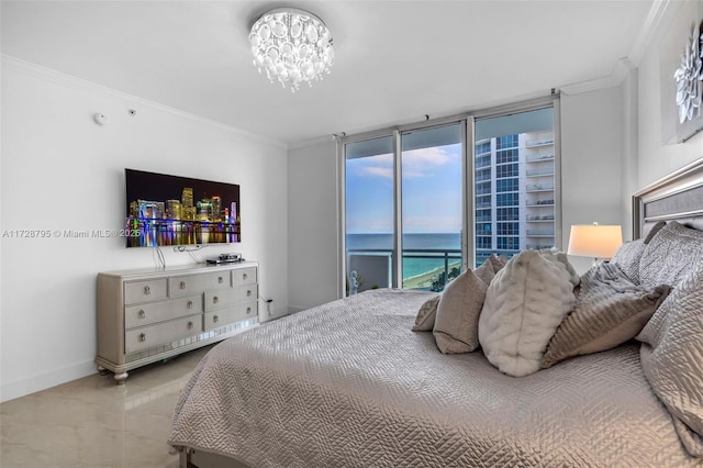 bedroom with ornamental molding, access to outside, baseboards, and an inviting chandelier