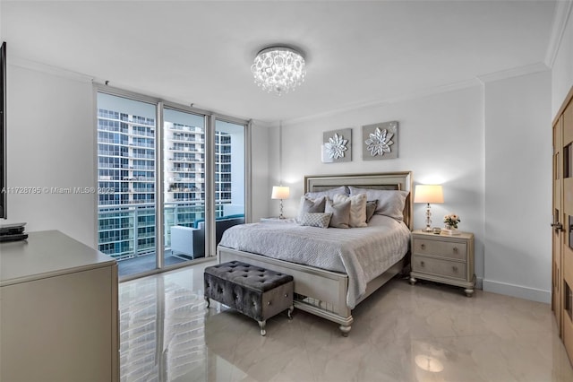 bedroom with access to outside, baseboards, a wall of windows, and crown molding