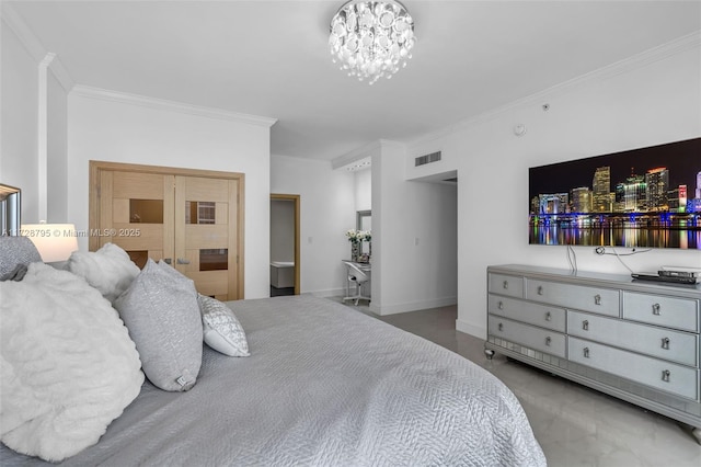 bedroom with crown molding and an inviting chandelier