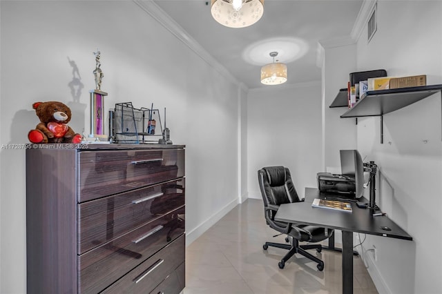 office featuring ornamental molding, visible vents, and baseboards